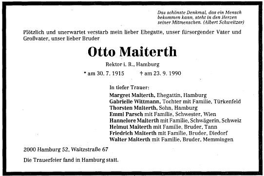 Maiterth Otto 1915-1990 Todesanzeige